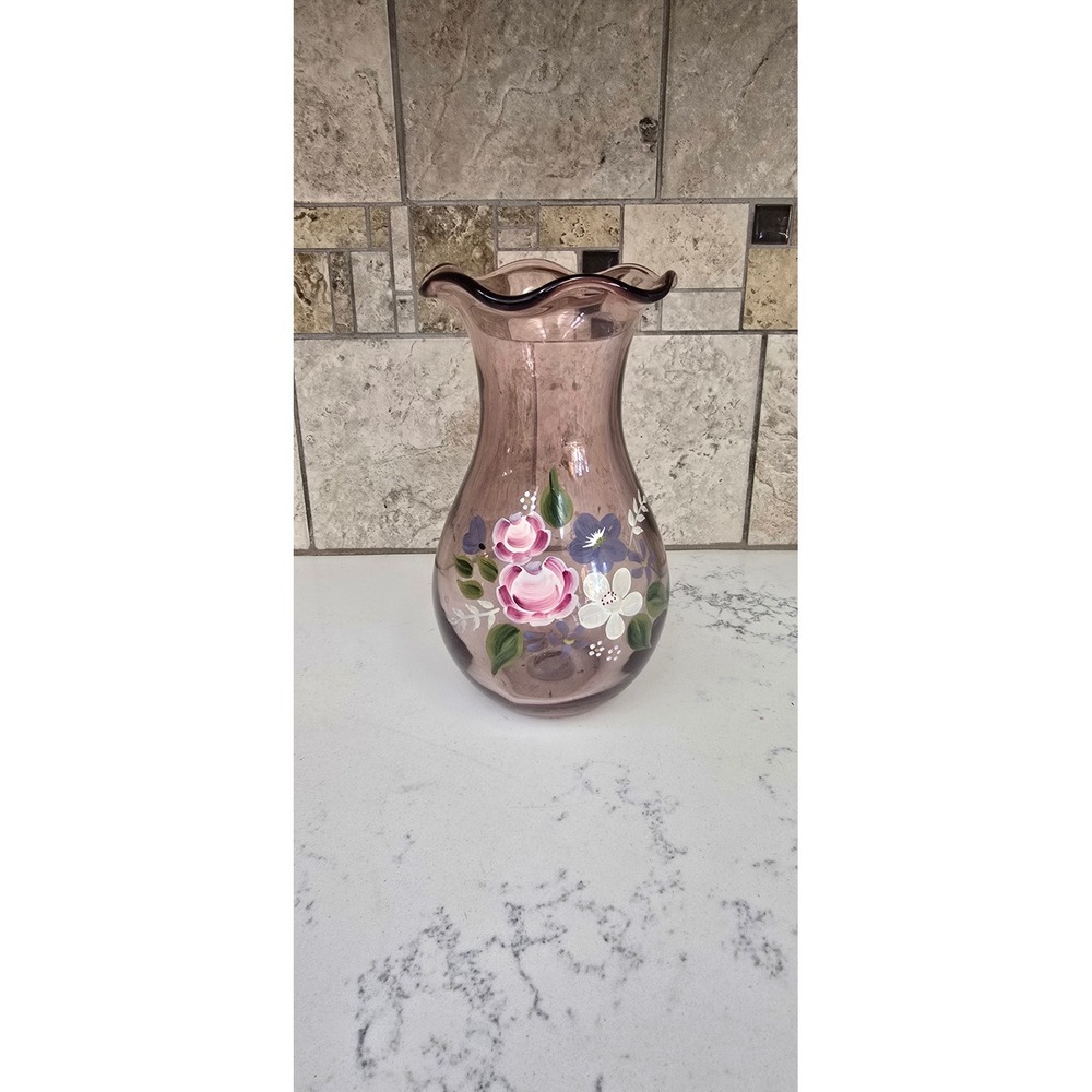 Teleflora Fenton Amethyst Purple Hand Painted Floral Ruffled Glass Vase 9.5"